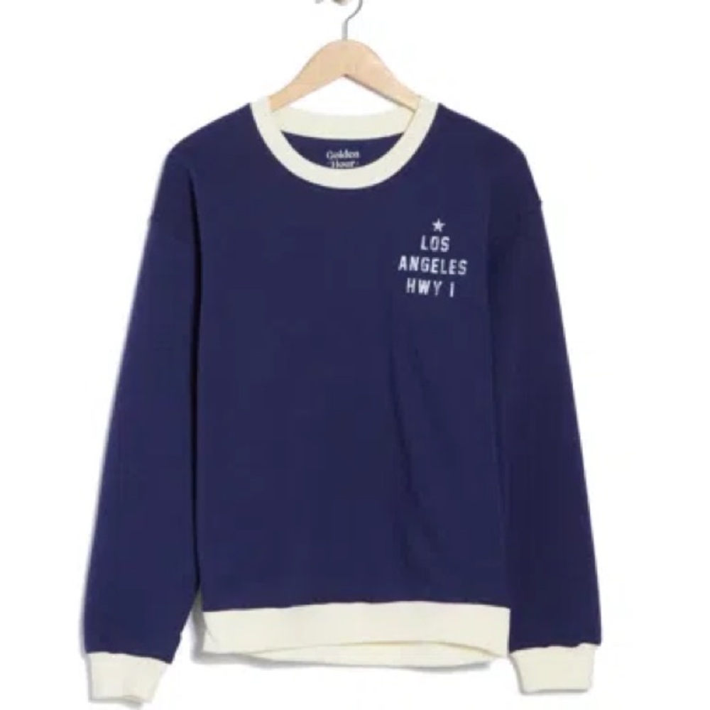 NWT Golden Hour Women's Navy “Los Angeles Hwy 1 Hotel Sunset” Sweater Sweatshirt